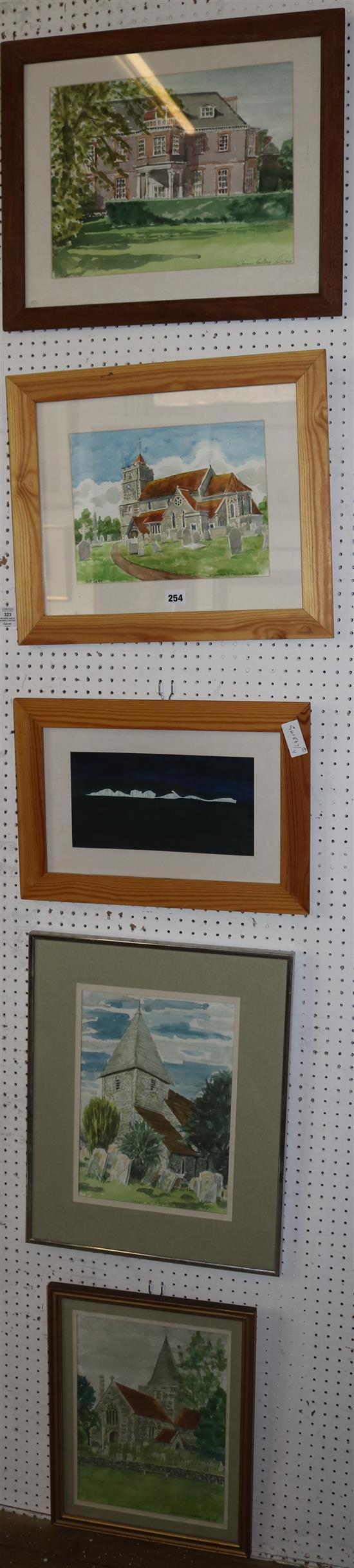 4 watercolours of buildings & another